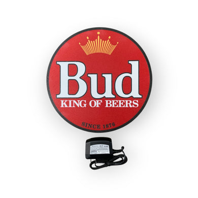 Budweiser LED sign with 'King of Beers' text on a white background