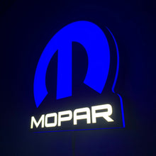 Load image into Gallery viewer, Mopar led sign illuminated in blue and white on a dark background