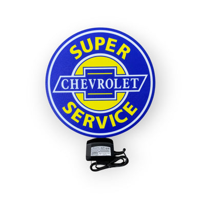 Super Chevrolet Service led sign with blue and yellow colors on a white background