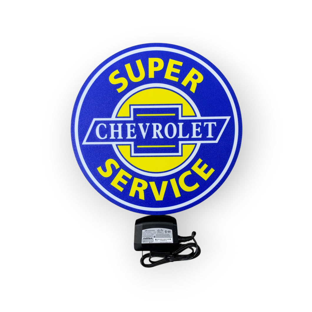 Super Chevrolet Service led sign with blue and yellow colors on a white background