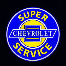 Load image into Gallery viewer, Super Chevrolet Service led sign lit up  with blue and yellow colors on a black background