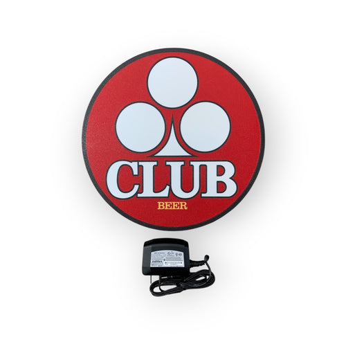 Red and white 'Club Beer' LED indoor sign with a power adapter on a white background