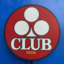 Load image into Gallery viewer, Round red sign with white circles and &#39;CLUB BEER&#39; text on a blue background on indoor LED sign