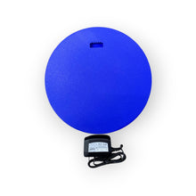 Load image into Gallery viewer, Blue round back of LED indoor sign with a power adapter on a white background