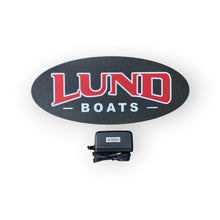 Load image into Gallery viewer, Lund Boats led indoor sign with a power adapter on a white background