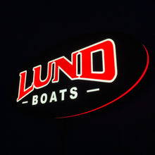 Load image into Gallery viewer, Lund Boats led indoor sign lit up on a black background