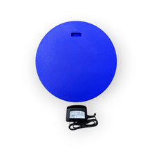 Load image into Gallery viewer, Blue round back of an OV LED indoor sign with a power adapter on a white background