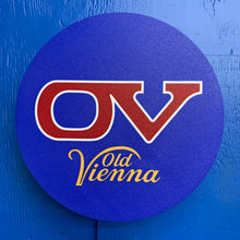Load image into Gallery viewer, Round blue LED indoor sign with &#39;OV&#39; and &#39;Old Vienna&#39; text on a blue background