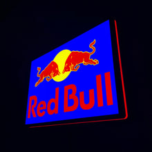 Load image into Gallery viewer, Red Bull led indoor sign lit on a blue background with a black border