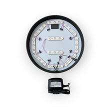 Load image into Gallery viewer, Circular LED light fixture with wiring and a power adapter on a white background