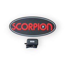 Load image into Gallery viewer, Scorpion led sign on a black oval background with a power adapter below.