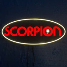 Load image into Gallery viewer, LED sign with &#39;SCORPION&#39; logo on a dark background